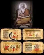 Vedic sage and manuscript panels representing traditional knowledge